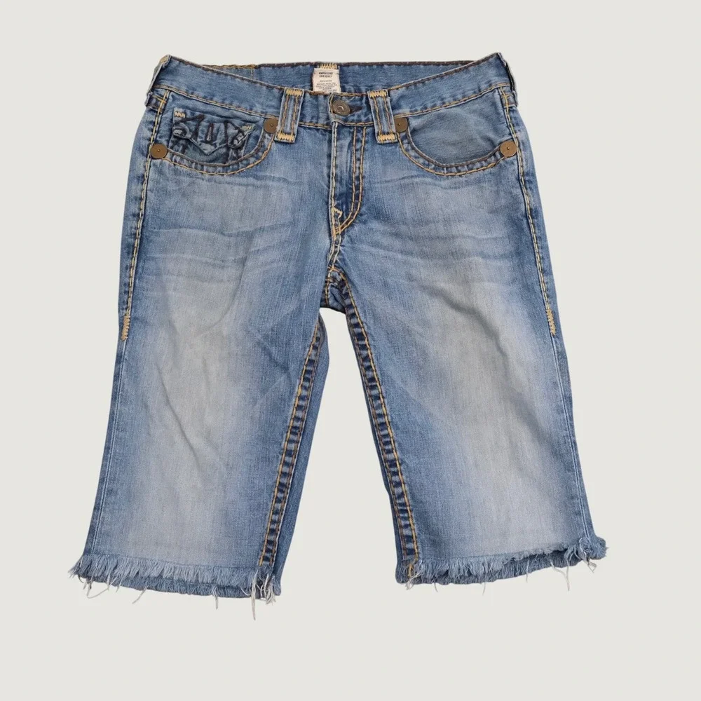 True Religion Denim Shorts Men's Size 34 Blue Big T Stitch Raw Hem Joey Cutoff